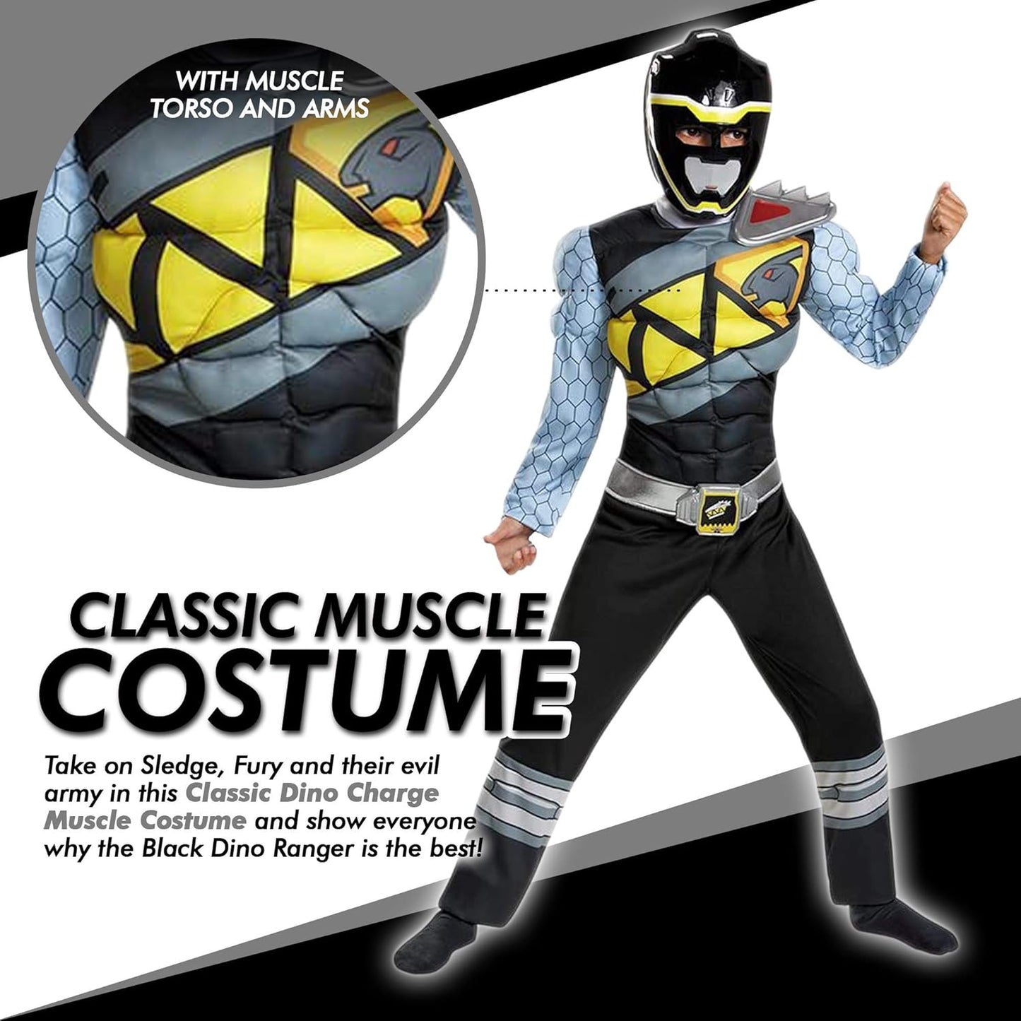 Black Power Rangers Costume for Kids. Official Licensed Black Ranger Dino Charge Classic Muscle Power Ranger Suit with Mask for Boys & Girls
