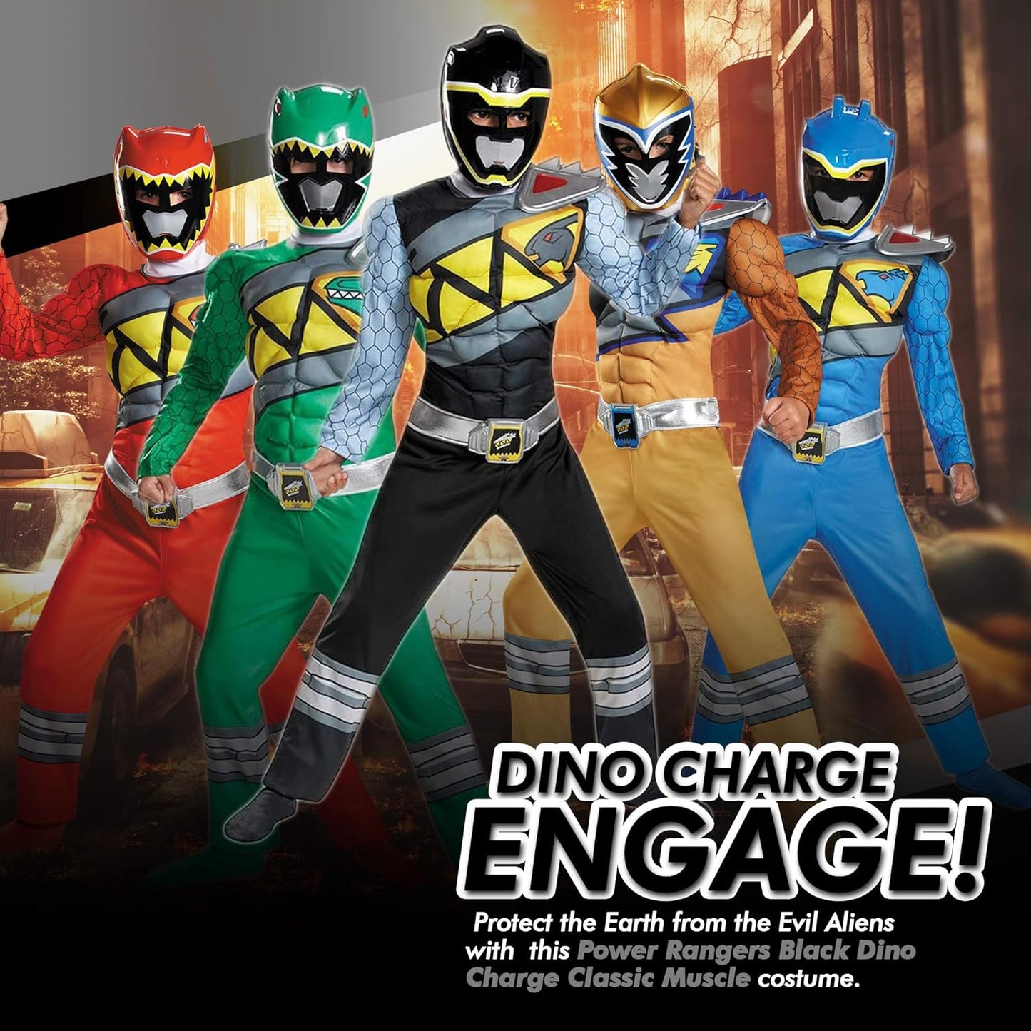 Black Power Rangers Costume for Kids. Official Licensed Black Ranger Dino Charge Classic Muscle Power Ranger Suit with Mask for Boys & Girls