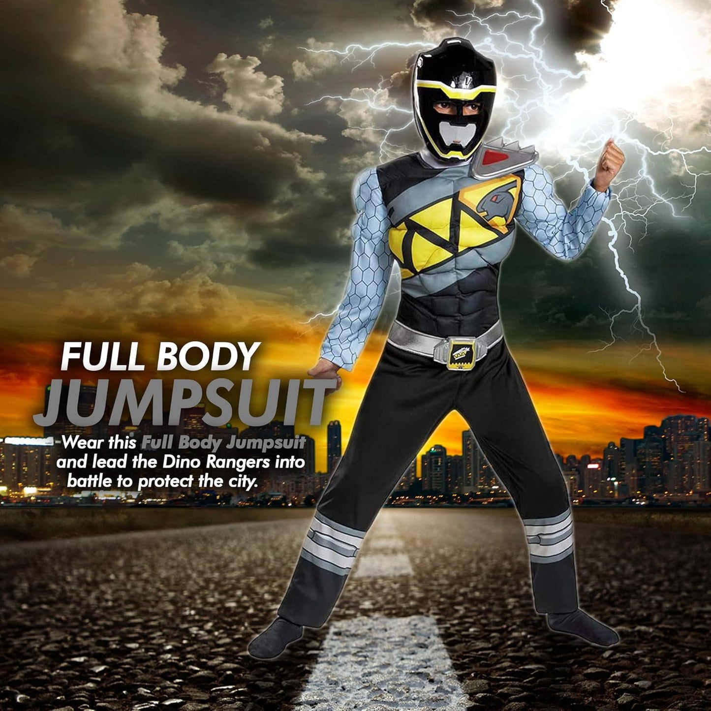 Black Power Rangers Costume for Kids. Official Licensed Black Ranger Dino Charge Classic Muscle Power Ranger Suit with Mask for Boys & Girls