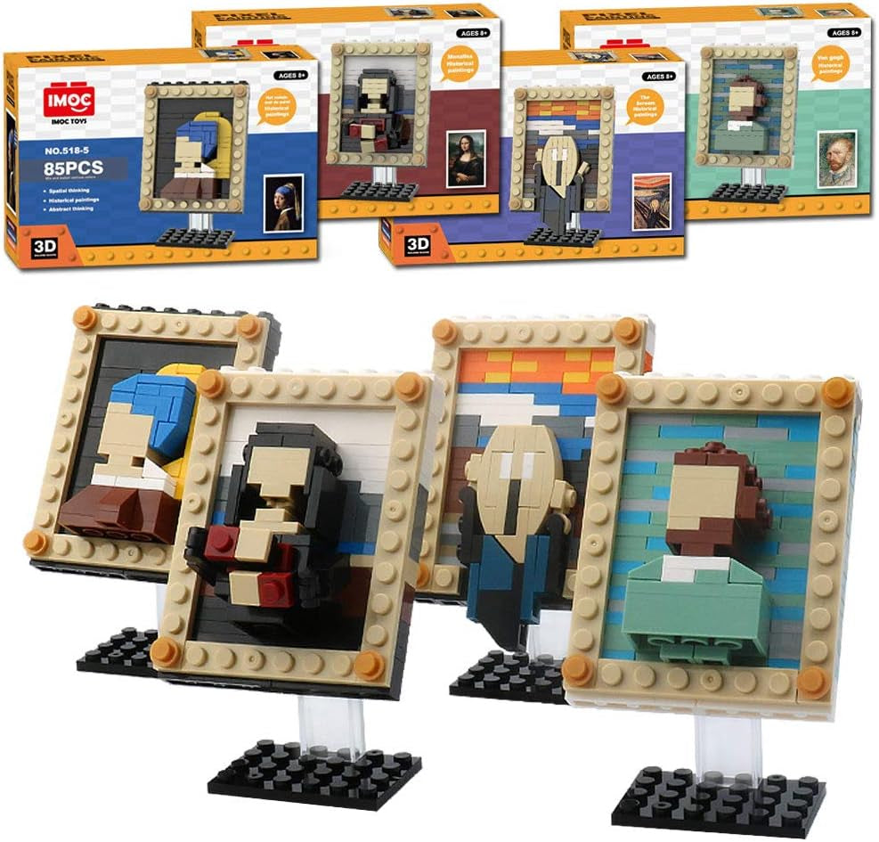 4 Pcs World Famous Painting MOC Building Blocks Toy Set, Compatible with Lego Building Set,Art Portrait Toys,Educational Classic Toy Bricks,Stem Gift Toys for Kids Boys Girls