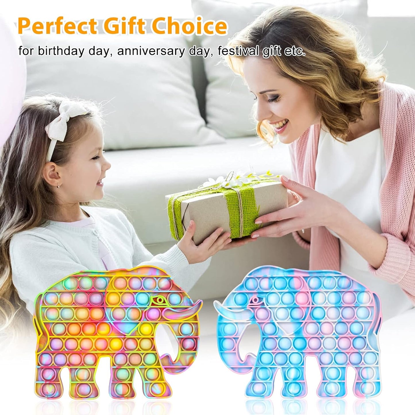 Push Fidget Pop Toys Elephant: Big Size Stress and Anti-Anxiety Reliever Sensory Toy, Silicone Bubble Squeeze Toys for Autism Special Needs, ADHD, Kids, Students and Adults (2 Packs)