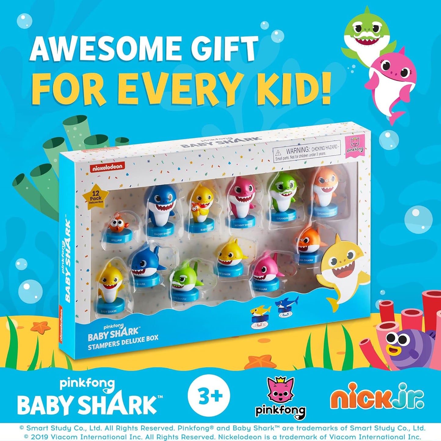 Baby Shark Stampers, 12 Pack – Self-Inking Baby Shark Toys, Action Figures, Party Decor, Cake Toppers – Parent, Baby, Grandparent Sharks and William by PMI, 2.4 In., Soft PVC