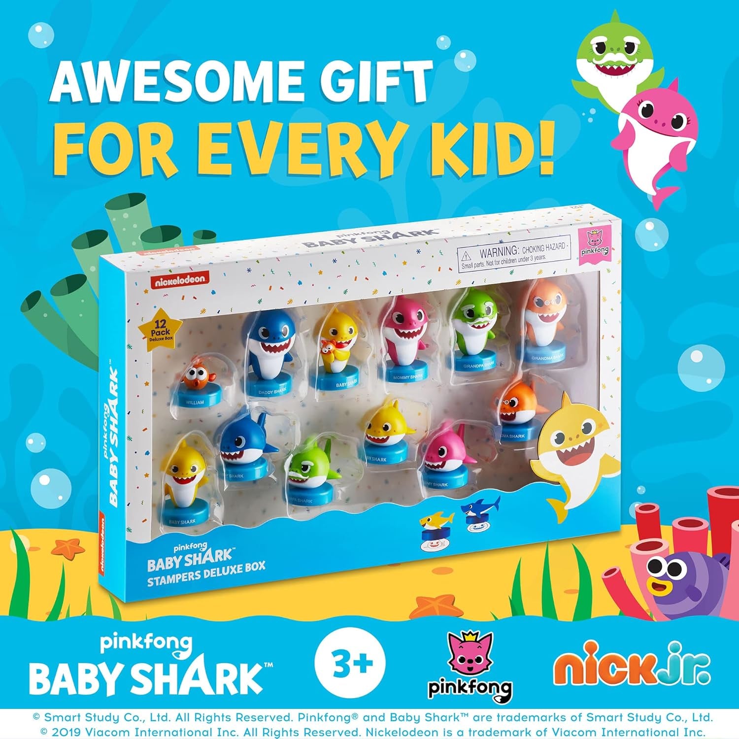 Baby Shark Stampers, 12 Pack – Self-Inking Baby Shark Toys, Action Figures, Party Decor, Cake Toppers – Parent, Baby, Grandparent Sharks and William by PMI, 2.4 In., Soft PVC