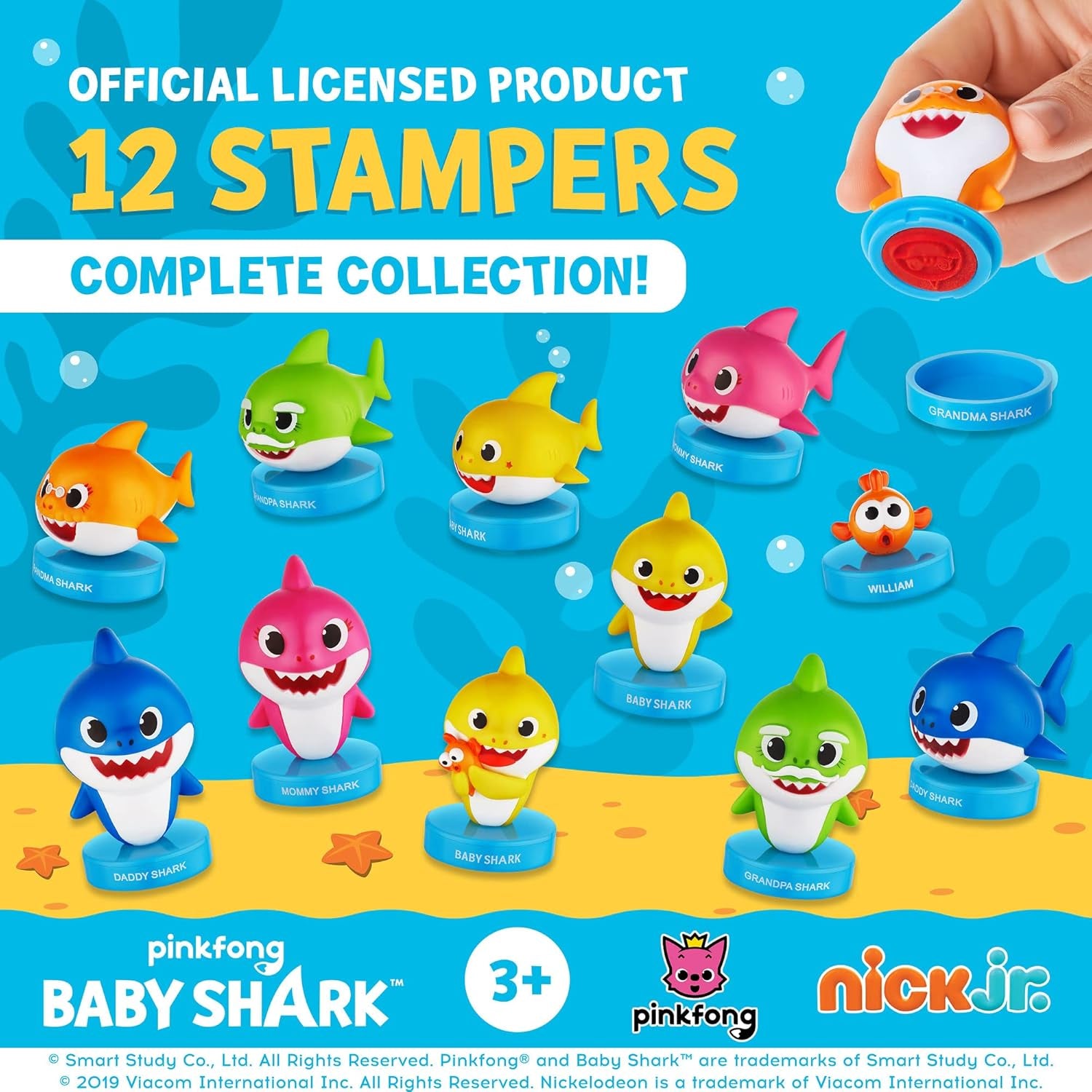 Baby Shark Stampers, 12 Pack – Self-Inking Baby Shark Toys, Action Figures, Party Decor, Cake Toppers – Parent, Baby, Grandparent Sharks and William by PMI, 2.4 In., Soft PVC