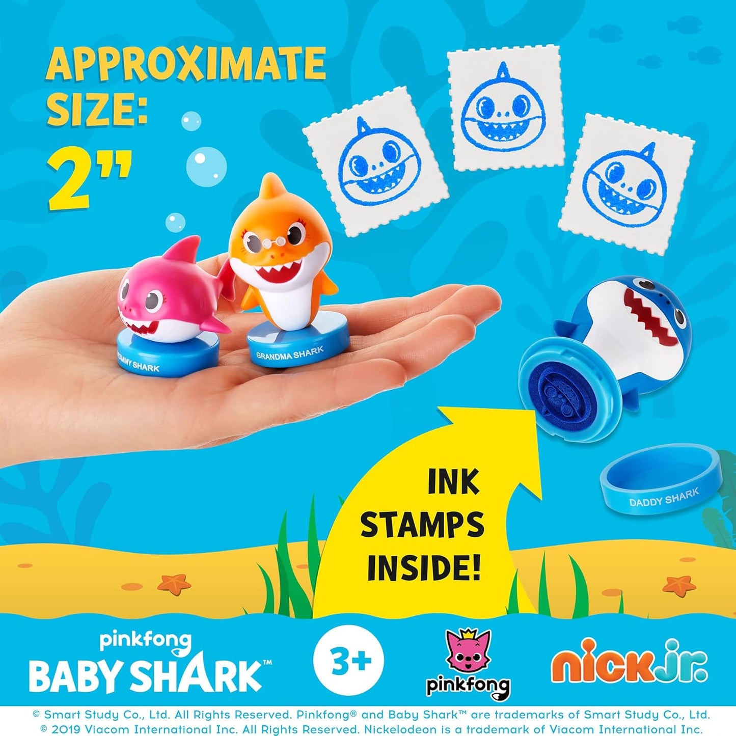 Baby Shark Stampers, 12 Pack – Self-Inking Baby Shark Toys, Action Figures, Party Decor, Cake Toppers – Parent, Baby, Grandparent Sharks and William by PMI, 2.4 In., Soft PVC