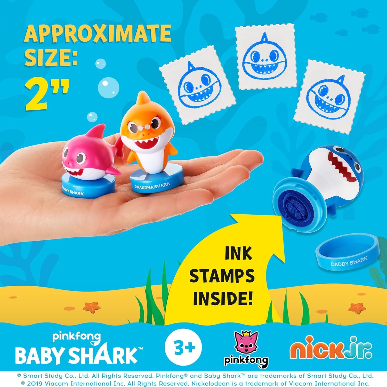 Baby Shark Stampers, 12 Pack – Self-Inking Baby Shark Toys, Action Figures, Party Decor, Cake Toppers – Parent, Baby, Grandparent Sharks and William by PMI, 2.4 In., Soft PVC