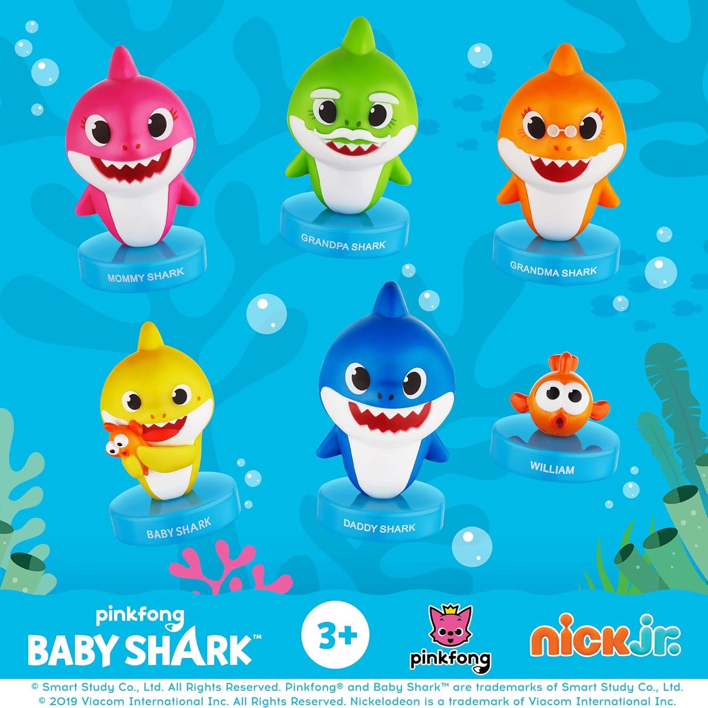Baby Shark Stampers, 12 Pack – Self-Inking Baby Shark Toys, Action Figures, Party Decor, Cake Toppers – Parent, Baby, Grandparent Sharks and William by PMI, 2.4 In., Soft PVC