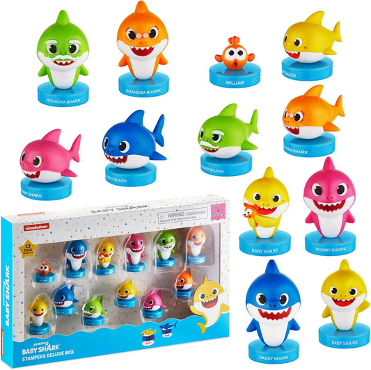 Baby Shark Stampers, 12 Pack – Self-Inking Baby Shark Toys, Action Figures, Party Decor, Cake Toppers – Parent, Baby, Grandparent Sharks and William by PMI, 2.4 In., Soft PVC