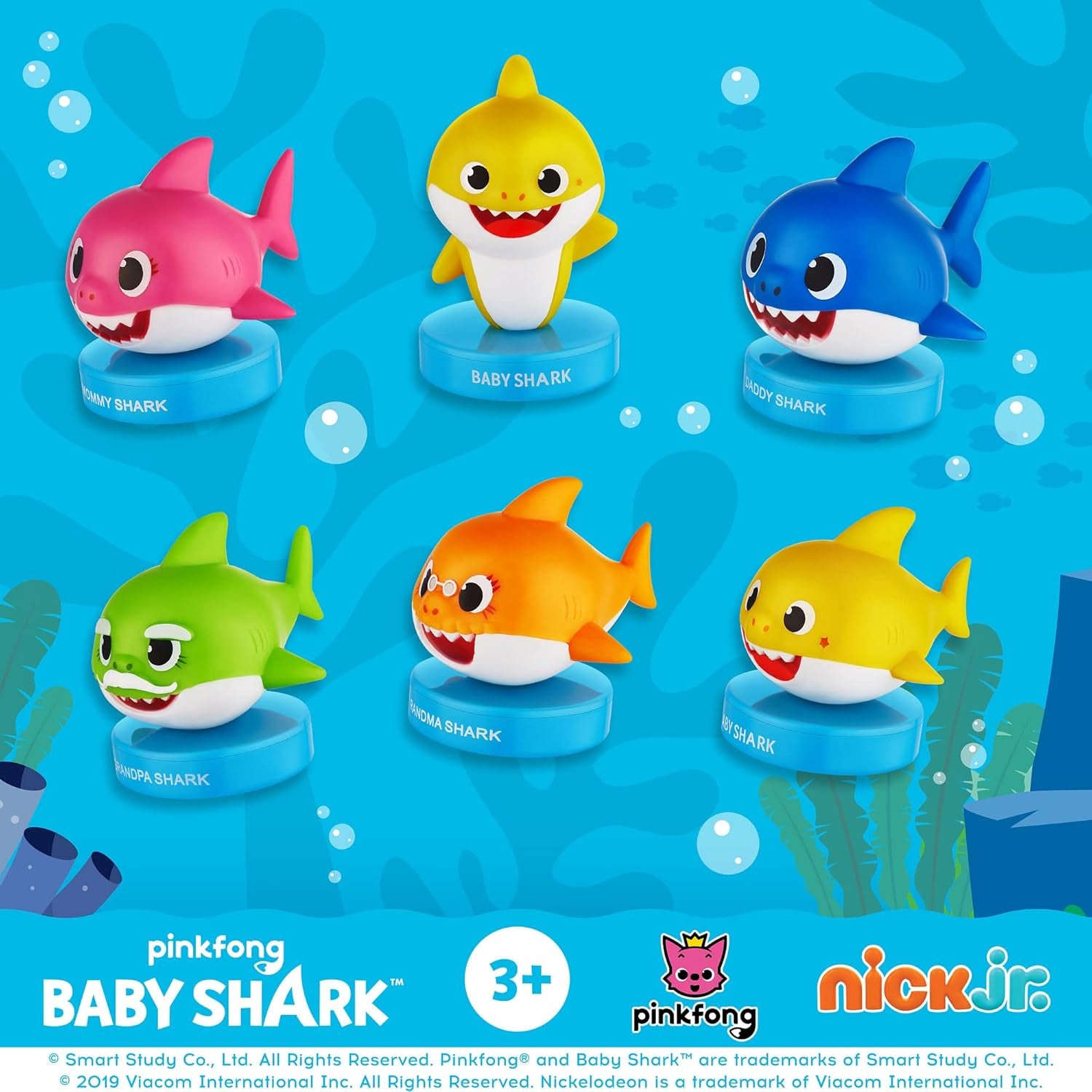 Baby Shark Stampers, 12 Pack – Self-Inking Baby Shark Toys, Action Figures, Party Decor, Cake Toppers – Parent, Baby, Grandparent Sharks and William by PMI, 2.4 In., Soft PVC
