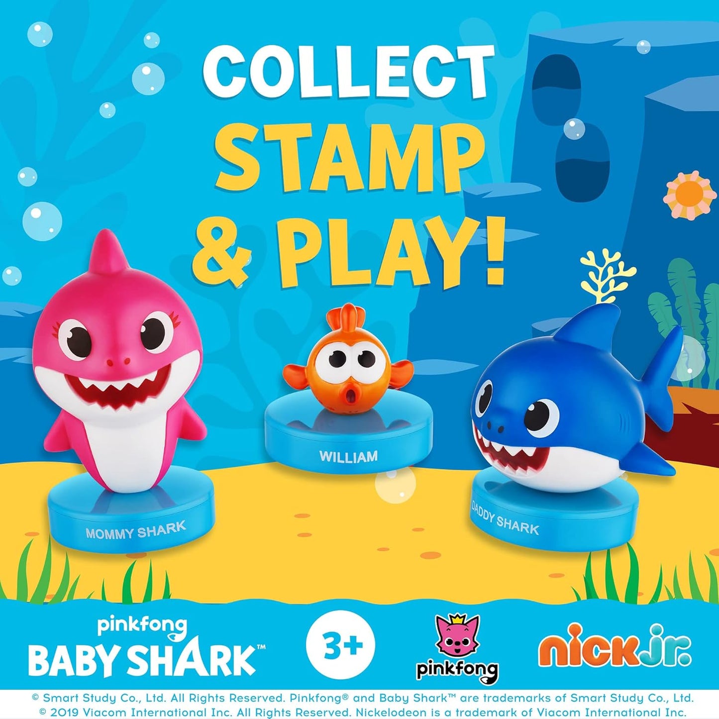 Baby Shark Stampers, 12 Pack – Self-Inking Baby Shark Toys, Action Figures, Party Decor, Cake Toppers – Parent, Baby, Grandparent Sharks and William by PMI, 2.4 In., Soft PVC